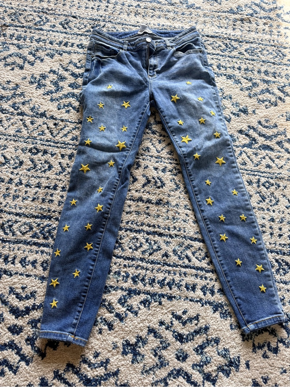 For The Republic Blue Skinny Jeans with Yellow Star Embroidery